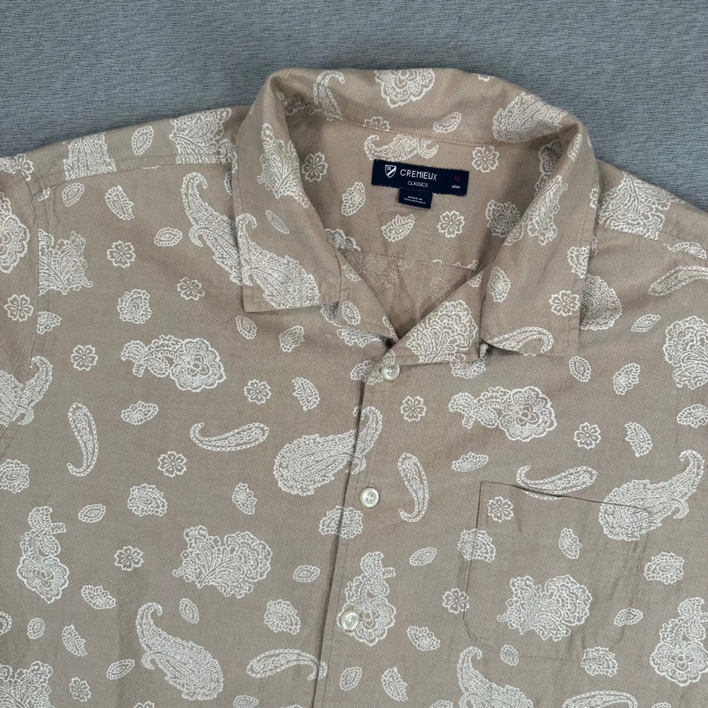 Cremieux Shirt Mens XL Tan Paisley Cotton Short Sleeve Button Up Beach AOP